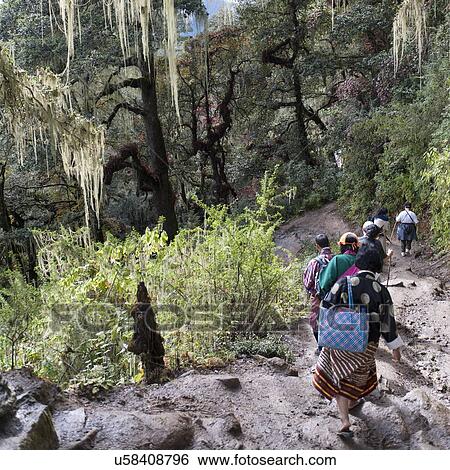 Stock Photograph - People walking on a trail at Taktsang Monastery, Paro Valley, Paro District, Bhutan. Fotosearch