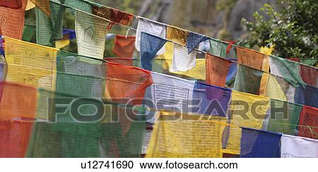 Stock Image - Prayer flags at Taktsang Monastery, Paro Valley, Paro District, Bhutan. Fotosearch