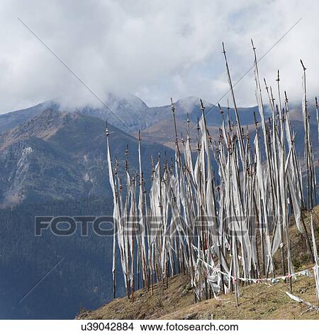 Picture - Prayer flags on a mountain, Bhutan. Fotosearch