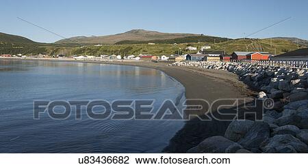 Stock Image - Town at coast, Southeast Brook Falls, Gros Morne National Park, Newfoundland and Labrador, Canada. Fotosearch