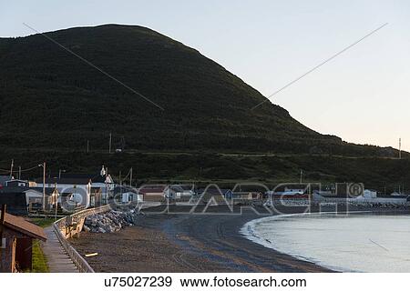 Stock Photo - Town at coast, Trout River, Southeast Brook Falls, Gros Morne National Park, Newfoundland and Labrador, Canada. Fotosearch