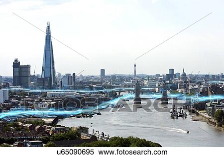 Stock Photography - Blue streak of lights in city. Fotosearch