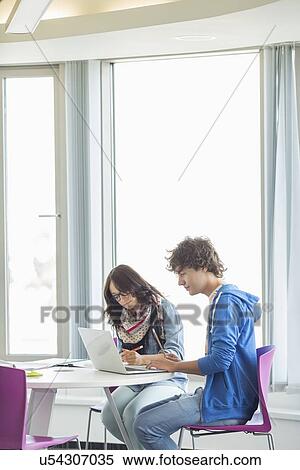 Stock Photography - Business colleagues using laptop together in creative office. Fotosearch
