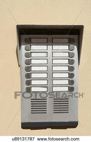 Stock Photo - Close-up of audio door entry panel, Prague, Czech Republic. Fotosearch
