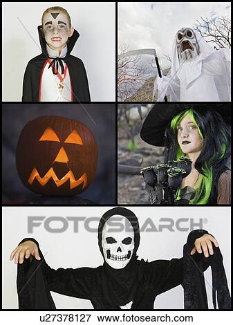 Collage of children in Halloween costumes View Large Photo Image Stock Photo - Collage of children in Halloween costumes. Fotosearch