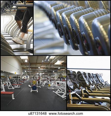 Collage of exercise equipment at gym View Large Photo Image Stock Photo - Collage of exercise equipment at gym. Fotosearch