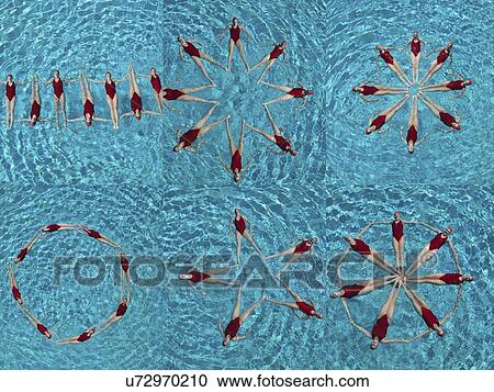 Collage of female synchronized swimmers forming various shape in swimming pool View Large Photo Image Stock Image - Collage of female synchronized swimmers forming various shape in swimming pool. Fotosearch