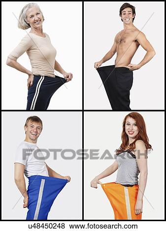 Stock Photo - Collage of happy people holding oversized pants. Fotosearch