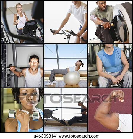 Picture - Collage of people exercising in gym. Fotosearch