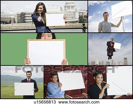 Stock Image - Collage of people showing placards. Fotosearch