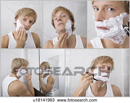 Collage of young man shaving in bathroom View Large Photo Image Stock Image - Collage of young man shaving in bathroom. Fotosearch