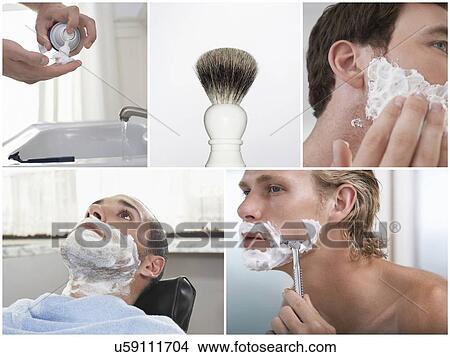 Picture - Collage of young men shaving. Fotosearch