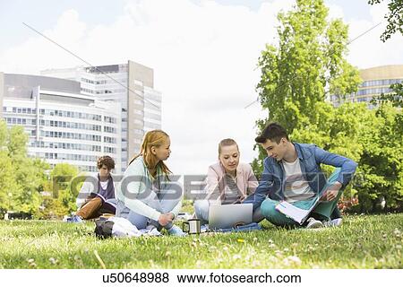College friends studying while using laptop at campus View Large Photo Image Stock Photo - College friends studying while using laptop at campus. Fotosearch
