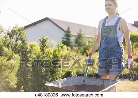 Stock Photograph - Female gardener pushing wheelbarrow at plant nursery. Fotosearch