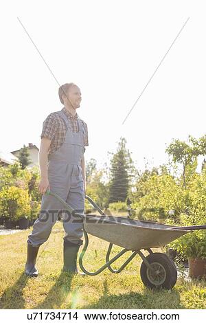 Picture - Full-length of man pushing wheelbarrow at garden. Fotosearch