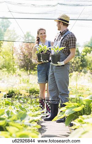 Gardeners discussing while holding potted plants at garden View Large Photo Image Picture - Gardeners discussing while holding potted plants at garden. Fotosearch