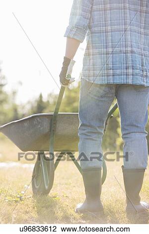 Low section rear view of man pushing wheelbarrow at garden View Large Photo Image Stock Image - Low section rear view of man pushing wheelbarrow at garden. Fotosearch
