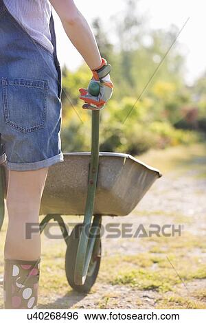 Stock Photograph - Midsection rear view of female gardener pushing wheelbarrow at plant nursery. Fotosearch
