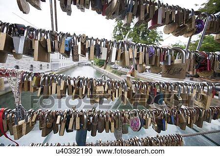Stock Image - Padlocks over canal in Zagreb, Croatia. Fotosearch