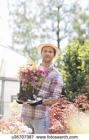 Stock Photo - Portrait of gardener holding flower pot outside greenhouse. Fotosearch