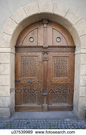 Stock Photo - Wooden closed door in Prague, Czech Republic. Fotosearch