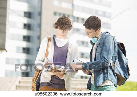 Young male college students studying at campus View Large Photo Image Stock Photograph - Young male college students studying at campus. Fotosearch