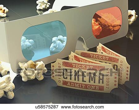 Stock Illustration - 3d glasses, cinema tickets and popcorn. Fotosearch
