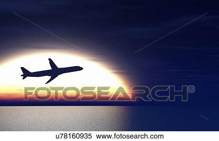 Stock Photography - Aeroplane taking off at sunset. Fotosearch