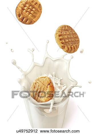 Drawing - Biscuits splashing into milk, artwork. Fotosearch