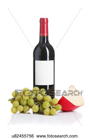 Stock Photograph - Bottle of wine, cheese and grapes. Fotosearch