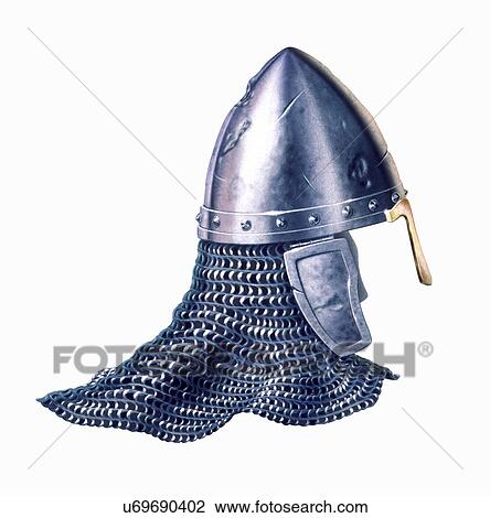 Drawing - Chain mail and helmet, artwork. Fotosearch