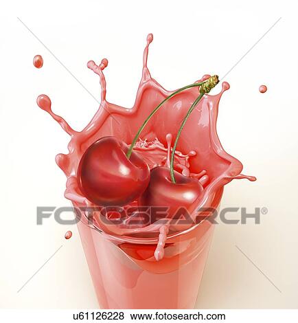 Stock Illustration - Cherries splashing into a drink, artwork. Fotosearch