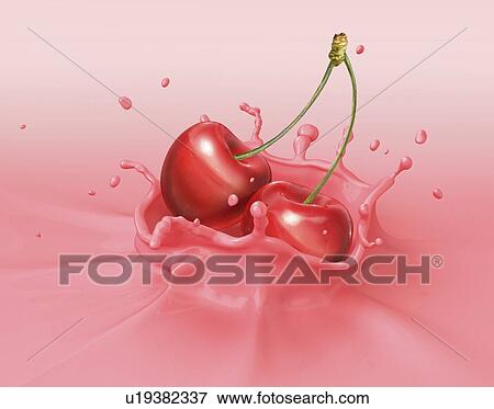 Stock Illustration - Cherries splashing into milkshake. Fotosearch