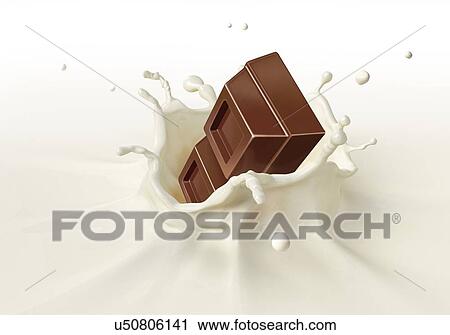 Clip Art - Chocolate splashing into milk, artwork. Fotosearch