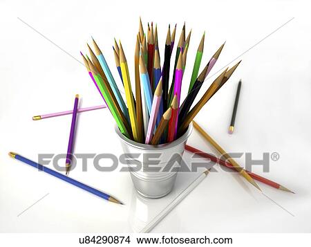 Stock Illustration - Colouring pencils in a pot, artwork. Fotosearch