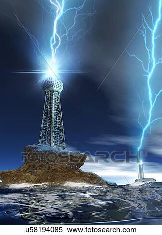 Communications tower with lightning View Large Illustration Stock Illustration - Communications tower with lightning. Fotosearch