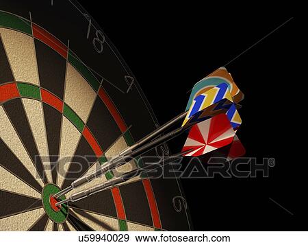 Dartboard and three darts, artwork View Large Illustration Stock Illustration - Dartboard and three darts, artwork. Fotosearch