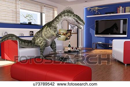 Drawing - Dinosaur in a living room, artwork. Fotosearch