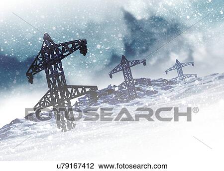 Electricity pylons on snow, artwork View Large Illustration Drawing - Electricity pylons on snow, artwork. Fotosearch