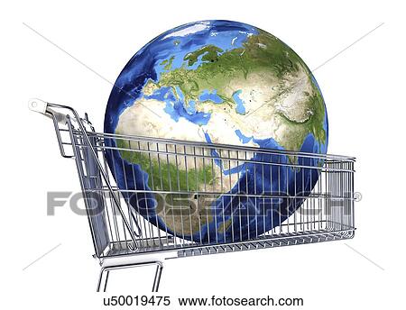Globe inside a shopping trolley, artwork View Large Illustration Stock Illustration - Globe inside a shopping trolley, artwork. Fotosearch