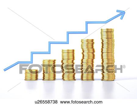 Gold coins and a growth chart, artwork View Large Illustration Stock Illustration - Gold coins and a growth chart, artwork. Fotosearch