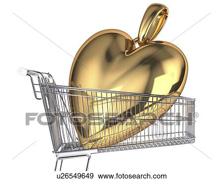 Stock Illustration - Gold heart in a shopping trolley, artwork. Fotosearch