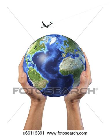 Clip Art - Hands holding globe with aeroplane. Fotosearch