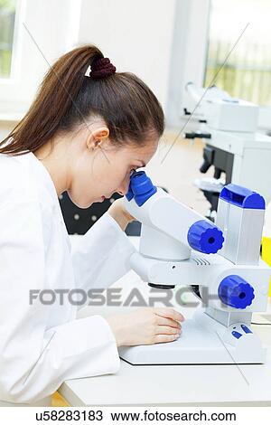 Stock Image - Lab assistant using microscope. Fotosearch