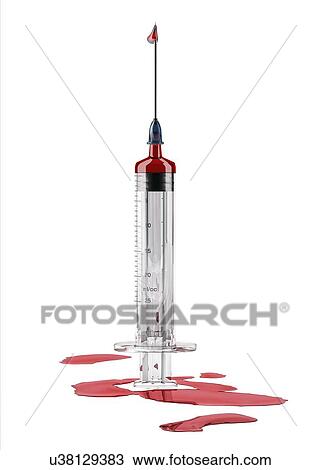 Drawing - Medical syringe with red liquid, artwork. Fotosearch
