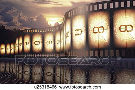 Movie reel at sunset, illustration View Large Illustration Stock Illustration - Movie reel at sunset, illustration. Fotosearch