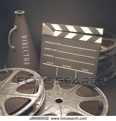 Movie reel, clapperboard and megaphone View Large Illustration Drawing - Movie reel, clapperboard and megaphone. Fotosearch