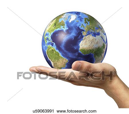 Clip Art - Person holding globe, artwork. Fotosearch