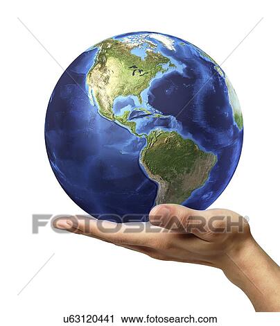 Clip Art - Person holding globe, artwork. Fotosearch