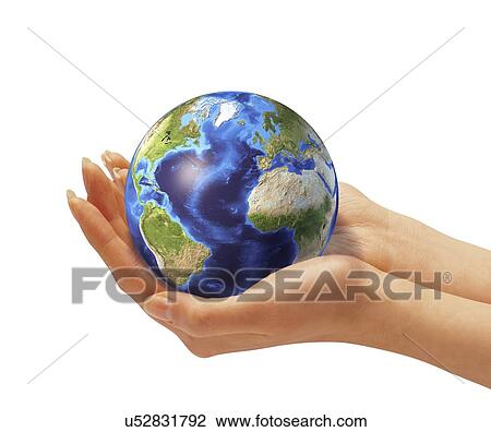 Person holding globe, artwork View Large Illustration Drawing - Person holding globe, artwork. Fotosearch